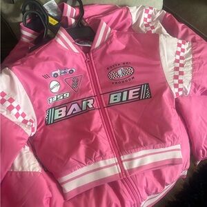 Barbie Pink and White Racing Bomber Jacket